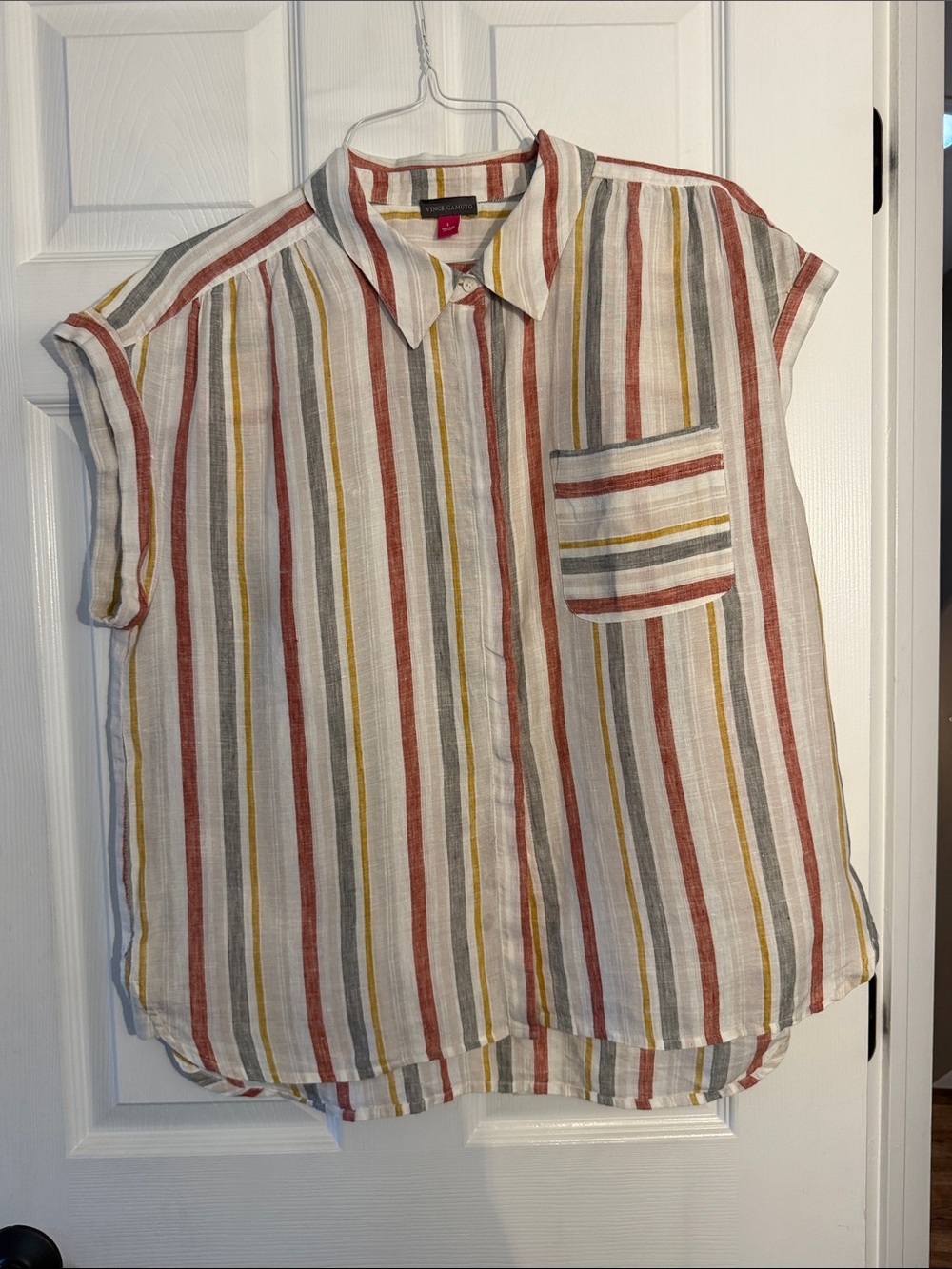 Vince Camuto Striped Button-Up Shirt with Red, Mustard & Gray Stripes Linen L